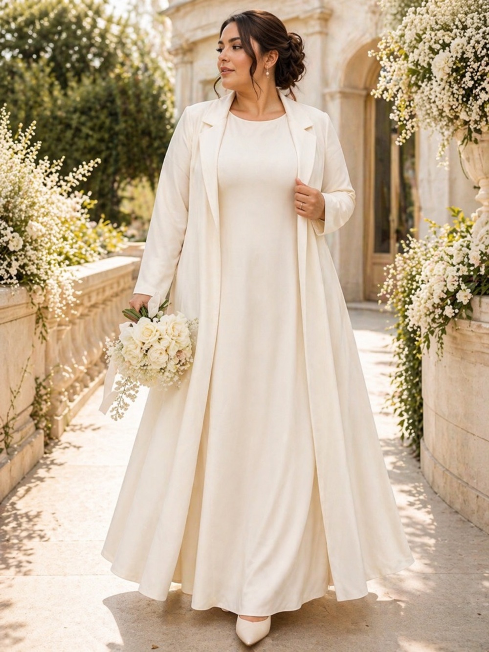 Vintage Bridal Ivory Dress & Duster Allison Woods Elegant Minimalist Plus Set 4X